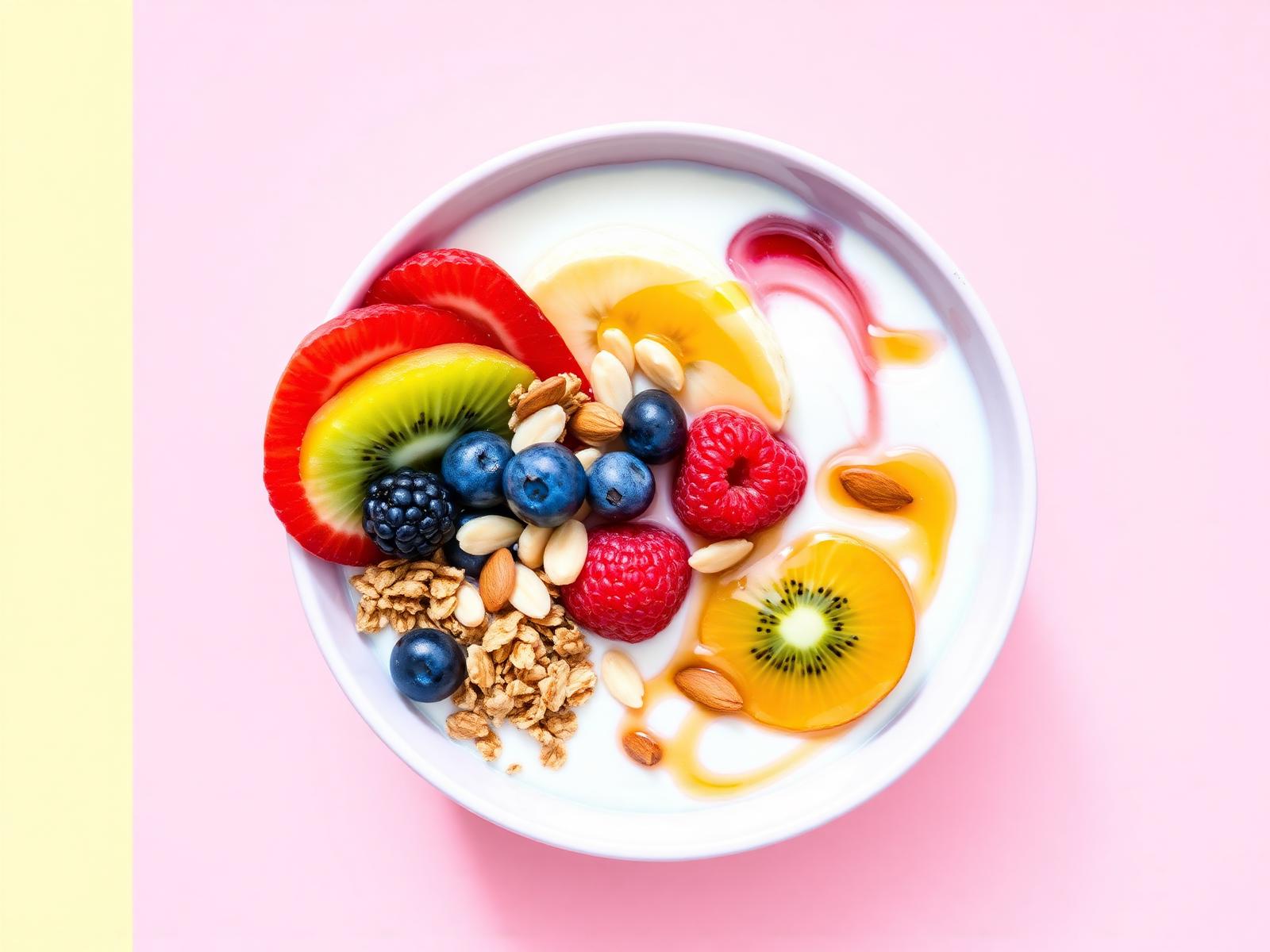 A colorful yogurt bowl with fresh berries, kiwi, banana, granola and almonds